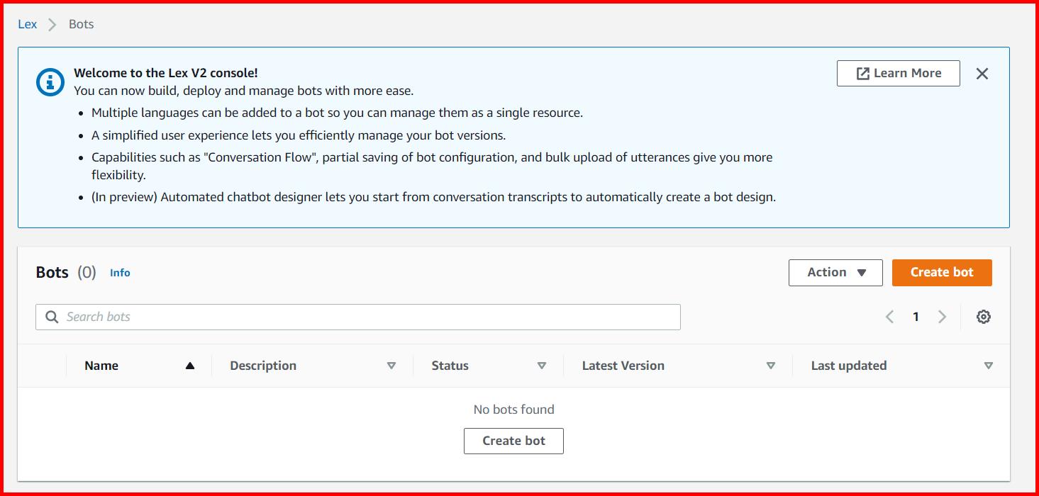 Picture showing the Create bot button for creating a new bot